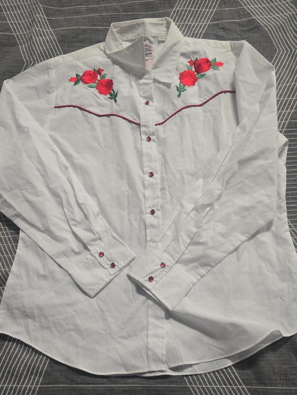 Embroidered White Button-Down Western Shirt with Red Rose Accents